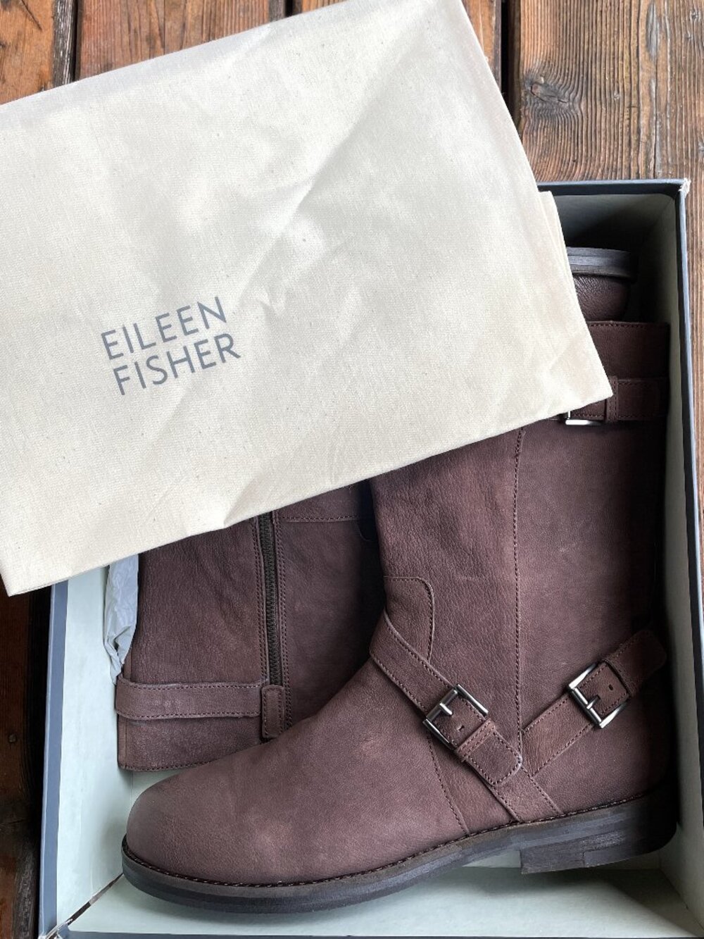 NIB Eileen Fisher Leather Mocha Booties with Side Zip Closure in Women's 11M